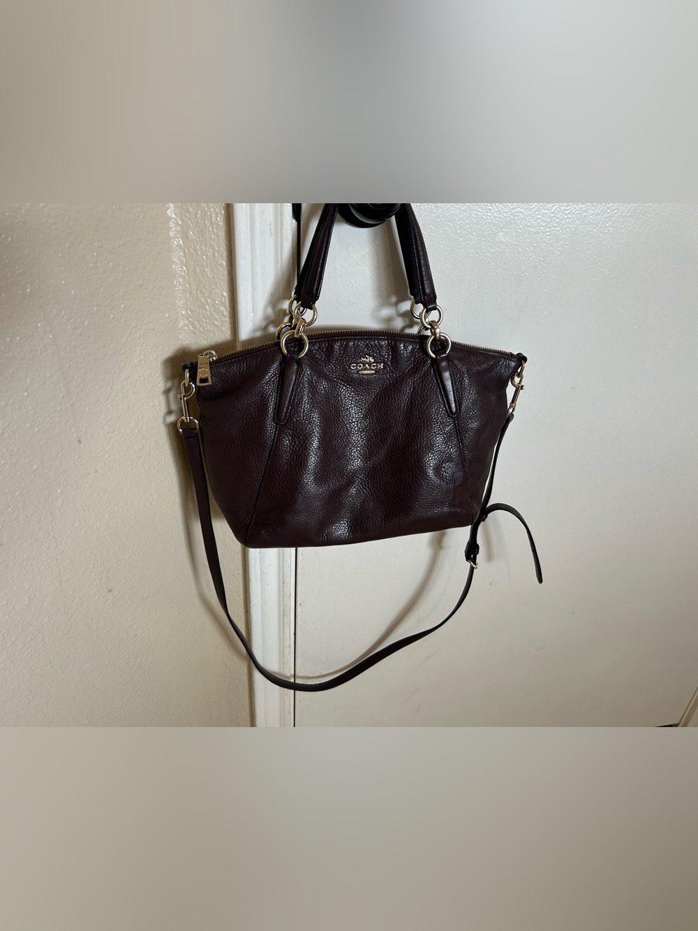 Coach Dark Purple Pebbled Leather Shoulder Bag with Gold Hardware